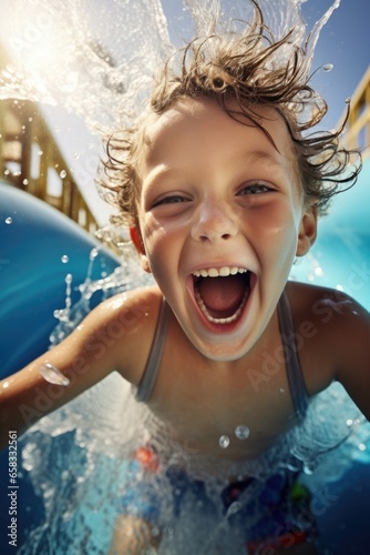 A happy child is riding the...