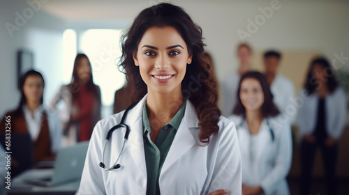 Confident Indian female doctor in white coat with stethoscope, smiling warmly at camera, in hospital setting with colleagues in background