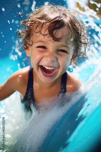 A happy child is riding the...