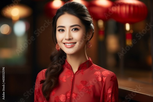 Woman in red Chinese clothes on a blurred background of an authentic Asian interior. Portrait with selective focus