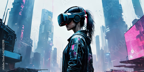 Illustrated Side View Cyberpunk Woman with a Pony Tail Wearing VR Glasses with background Cityscape