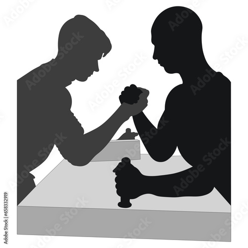 Arm wrestling silhouette image, powerful handshake. Muscular strong people, men, man, male. Two muscular arms that are wrestling.