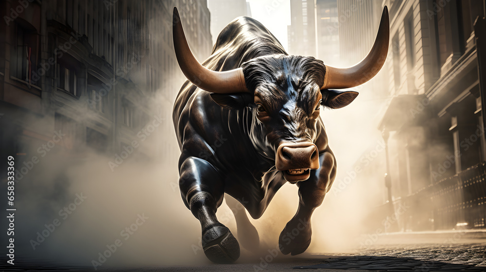 Wall Street Bull Captured in All Its Glory Representing Growth and Financial Optimism - obrazy, fototapety, plakaty 