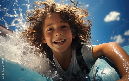 A happy child is riding the...