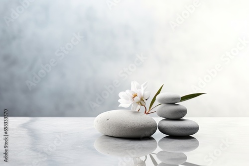 Spa still life with zen stones and white orchid flower, Beautiful composition with spa stones on white marble table, AI Generated