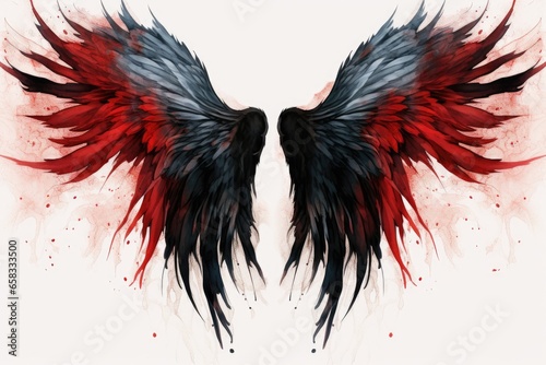 Two red and blue wings of a bird with blood splashes on a white background, Beautiful magic red black wings drawn with watercolor effect, AI Generated © Iftikhar alam