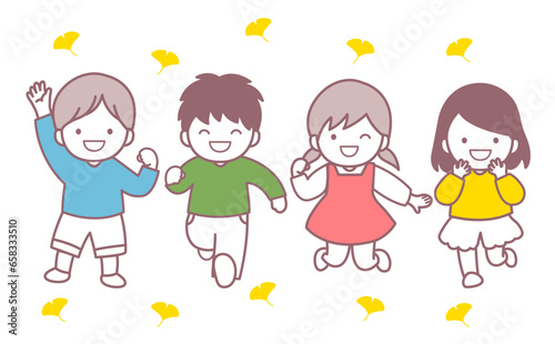 楽しそうな子どもたちとイチョウ　イラスト