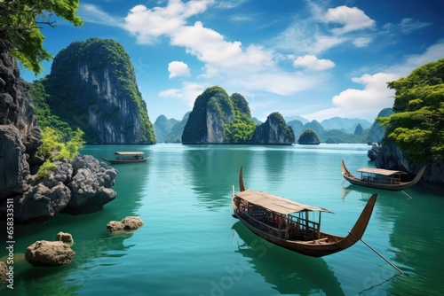 Beautiful landscape with longtail boats in Halong bay, Vietnam, Beautiful landscape Halong Bay view from adove the Bo Hon Island, AI Generated © Iftikhar alam