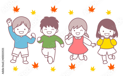 楽しそうな子どもたちと紅葉　イラスト