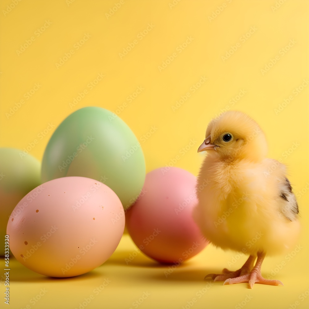 easter chicken and eggs on yellow background