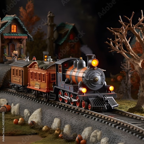 old steam train halloween scene in the night  photo