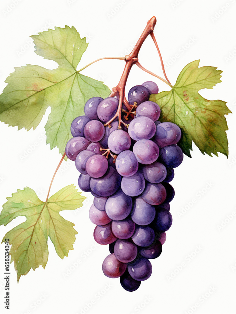 Fototapeta premium Watercolour Collection { No1 } Homegrown Grape Wine Products Made at Eco Sustainable Farm: Red Pink, White, Green, Grapes, Cheese, Grapes in Hands, Glass of Wine, Leaves, Grapes in Basket, Vineyard.