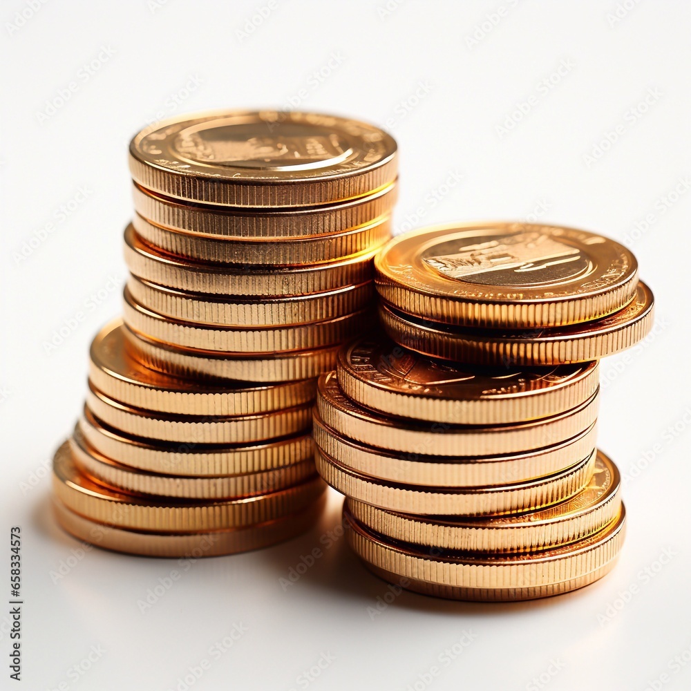 Stacks of gold coins on white background. Shallow dof. Generative AI Stacks of gold coins on white background. Shallow dof. Generative AI