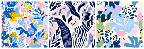 Abstract plant leaf art seamless pattern set with colorful hand drawn exotic summer foliage doodle. Organic leaves cartoon background collection, simple nature shapes in vintage pastel colors. 