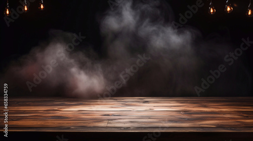 Wooden table in front of a dark background with smoke and fog Generative AI