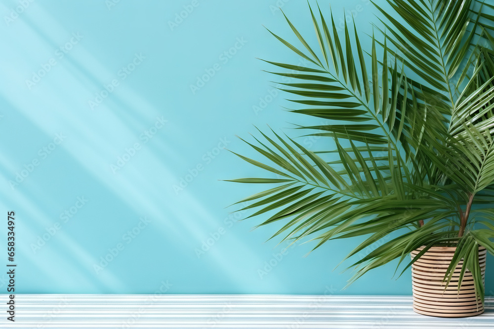 Tranquil Retreat: Coconut Palm Leaf Casting Shade on a Blue Wall, Evoking Serenity. Generative AI