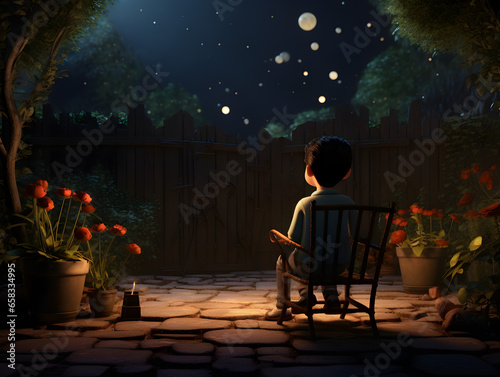 Cartoon character sitting alone in the garden