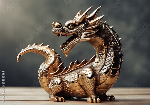 Golden small dragon statue. Generative AI