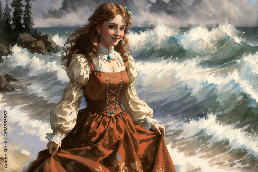 portrait of a beautiful girl posing on a stormy sea with big waves and ships