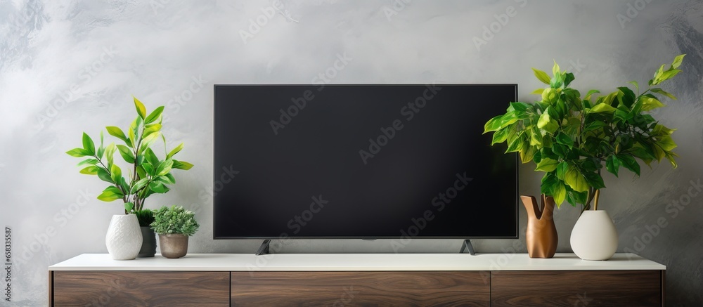 Smart TV in living room with gold wall white marble table audio plants and picture - obrazy, fototapety, plakaty 