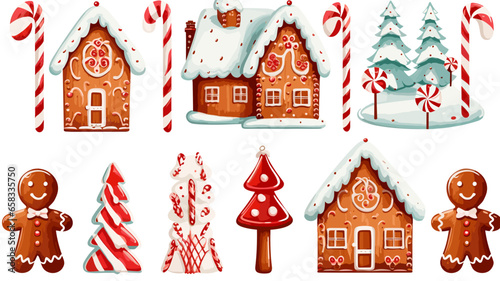 playful collection of Christmas baking clipart illustrations, depicting gingerbread cookies, candy canes isolated on a white background. Christmas food on white background. Gingerbread.