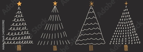 Hand drawn abstract Christmas tree with star on top drawing illustration vector collection set banner repeat pattern white and gold colour black background modern trendy design icon symbol 