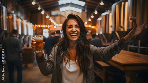 happy woman tasting beer at factory photo