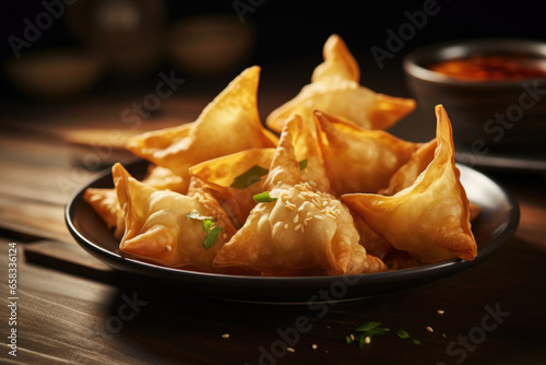  Chinese finger food, fried wontons on the plate close up