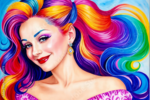 portrait of a beautiful girl with rainbow color hairstyle posing on an abstract painted colored background