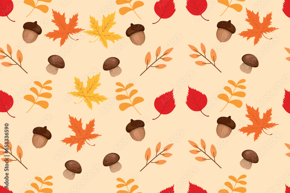Autumn seamless pattern with leaves, mushrooms and acrons. Vector illustration Autumn seamless pattern with leaves, mushrooms and acrons. Vector illustration