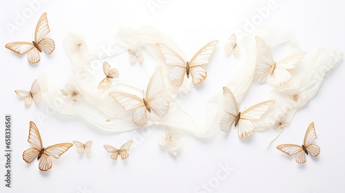  a group of butterflies that are on a white surface with a white background. generative ai