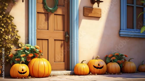  a group of pumpkins sitting in front of a door. generative ai