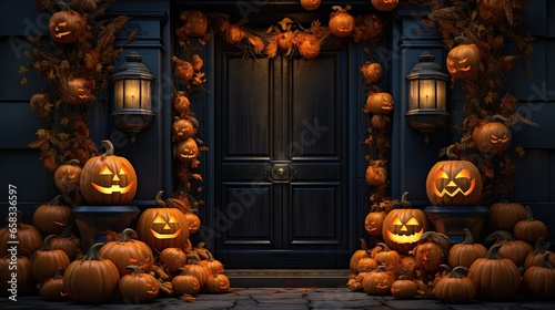  a bunch of pumpkins that are sitting in front of a door. generative ai