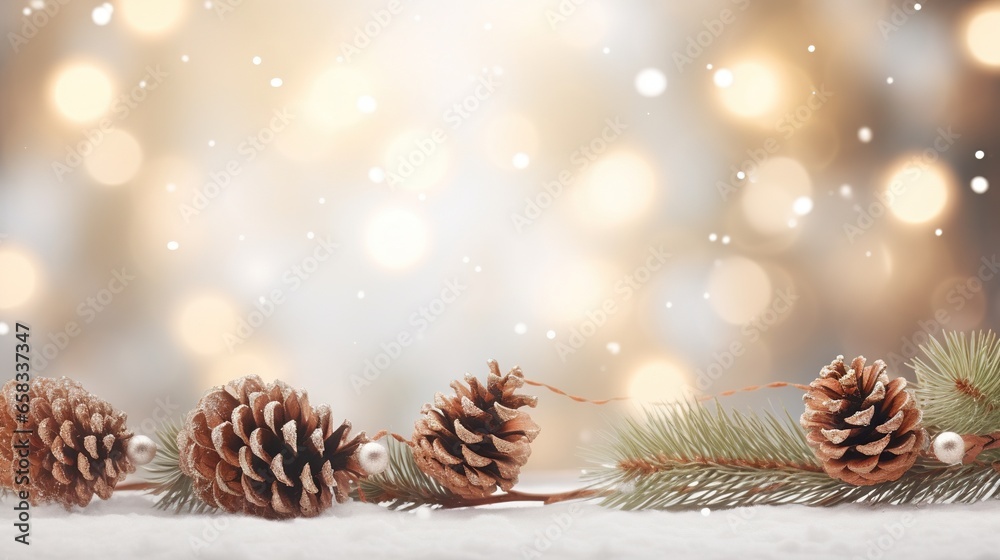  pine cones and pine needles on a snowy surface with a boke of lights in the background.  generative ai