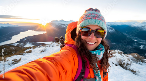Young Latin woman doing mountaineering in snowy landscape