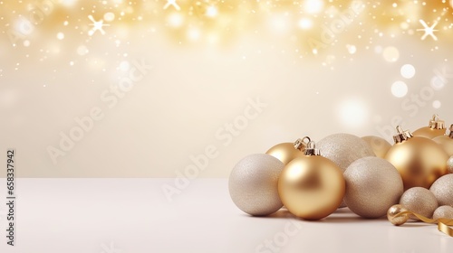  a group of gold and white ornaments on a table with a gold ribbon. generative ai