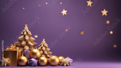  a purple background with gold christmas ornaments and a gift box. generative ai