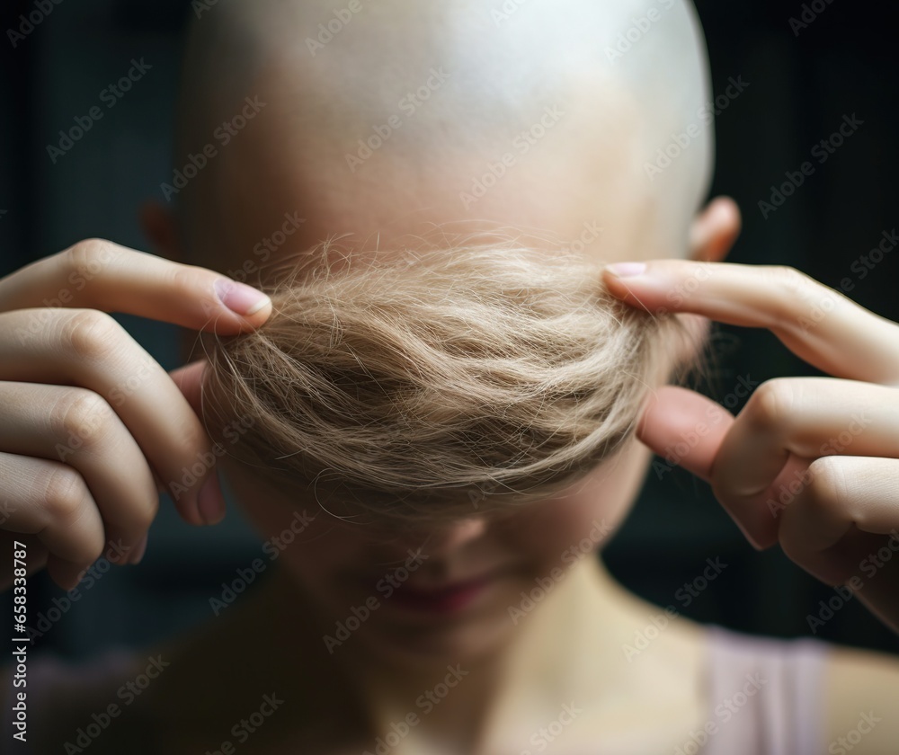 Naklejka premium Capturing Resilience of Women's Courageous Battle Against Cancer Through the Lens , Pink october , Breast cancer illustration, The impact of chemotherapy induced hair loss, Generative Ai 