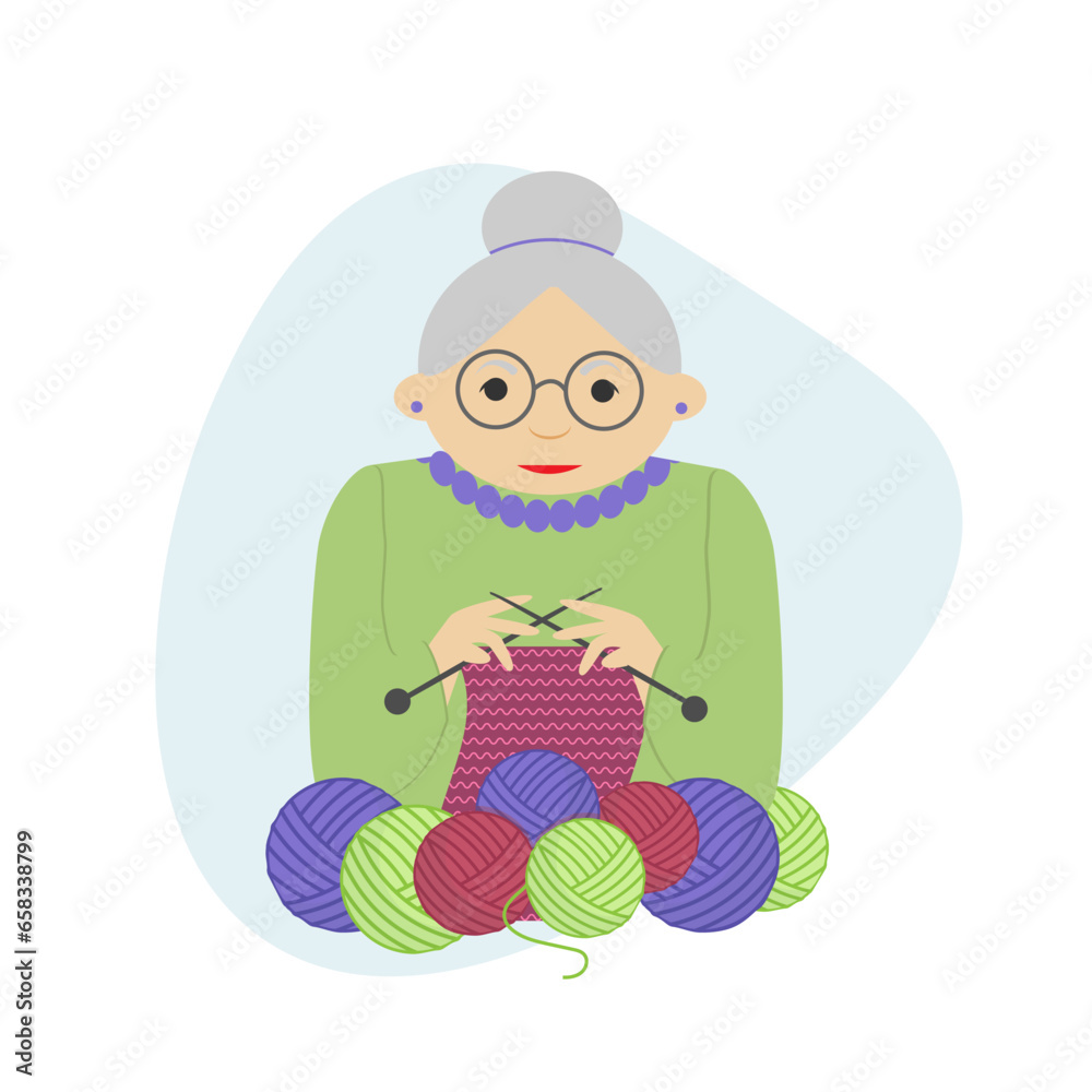 Vector illustration, old woman knits on knitting needles surrounded by balls of yarn for knitting