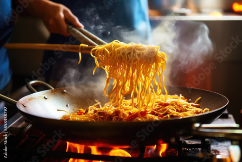 Chef cooking Stir-fried noodles with vegetables and spices in the wok. Asian cuisine photo