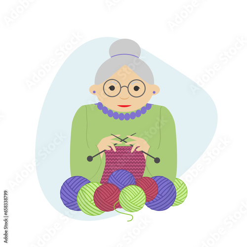Vector illustration, old woman knits on knitting needles surrounded by balls of yarn for knitting