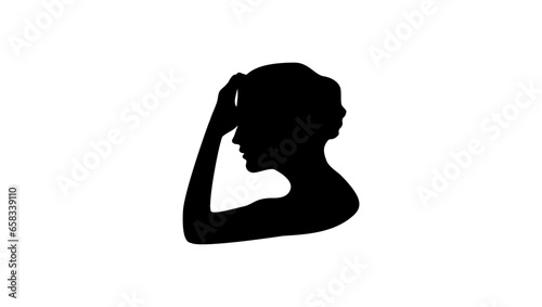 headache, woman silhouette with hand showing headache, black vector silhouette 