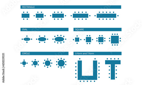 Plan of seats in restaurant or home top view. Chairs and tables line icons. Scheme, blueprint, architectural plan. Vector illustration on white background
