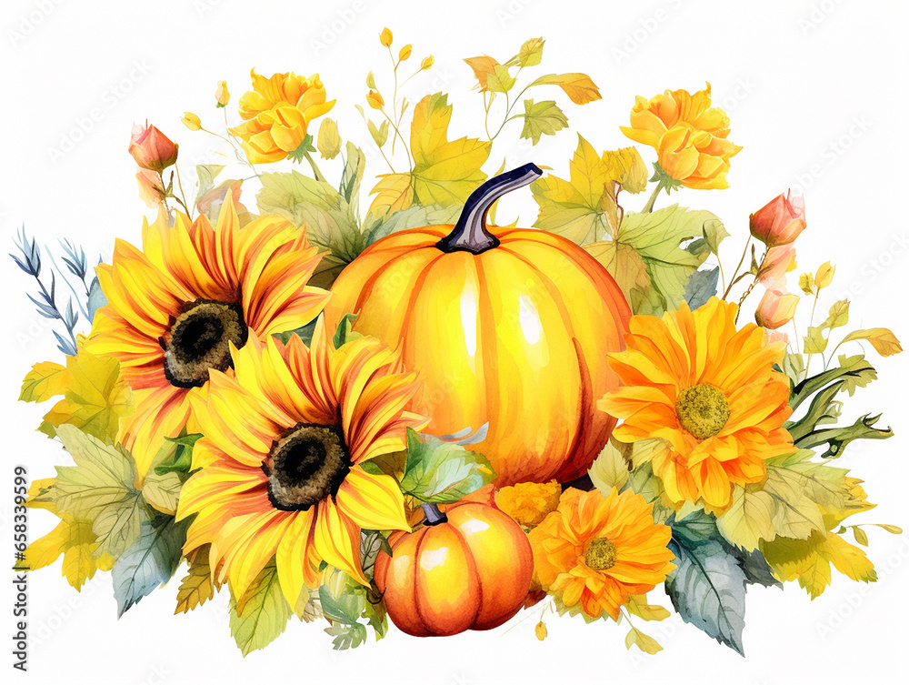 Watercolor falling illustration of pumpkins and sunflowers on white background Watercolor falling illustration of pumpkins and sunflowers on white background