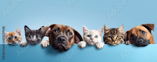 Dogs and Cats, peeking over the clear solid blue top line, petshop banner, happy, smile, funny. Generative AI image weber. photo