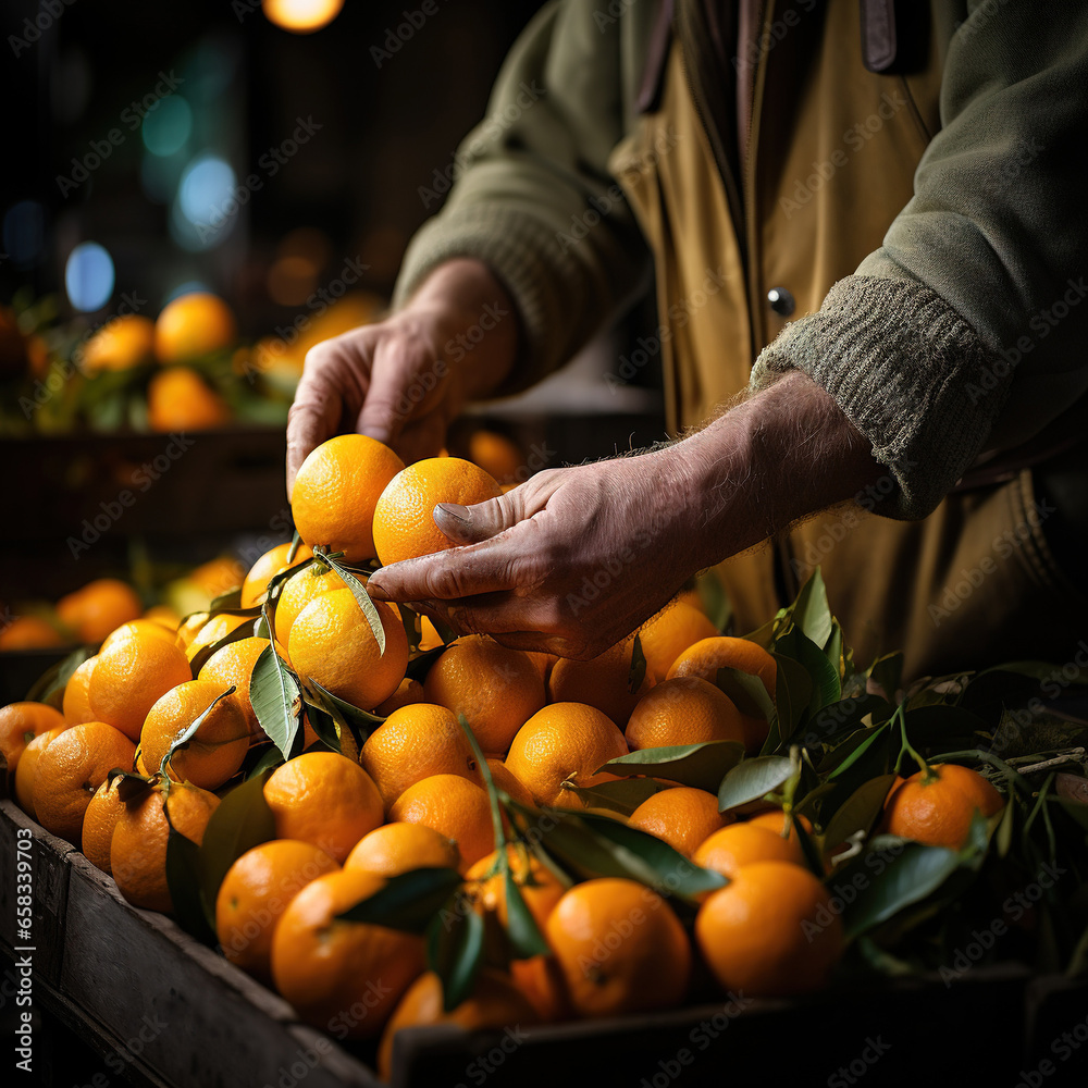 Farmer with freshly picked orange fruits.