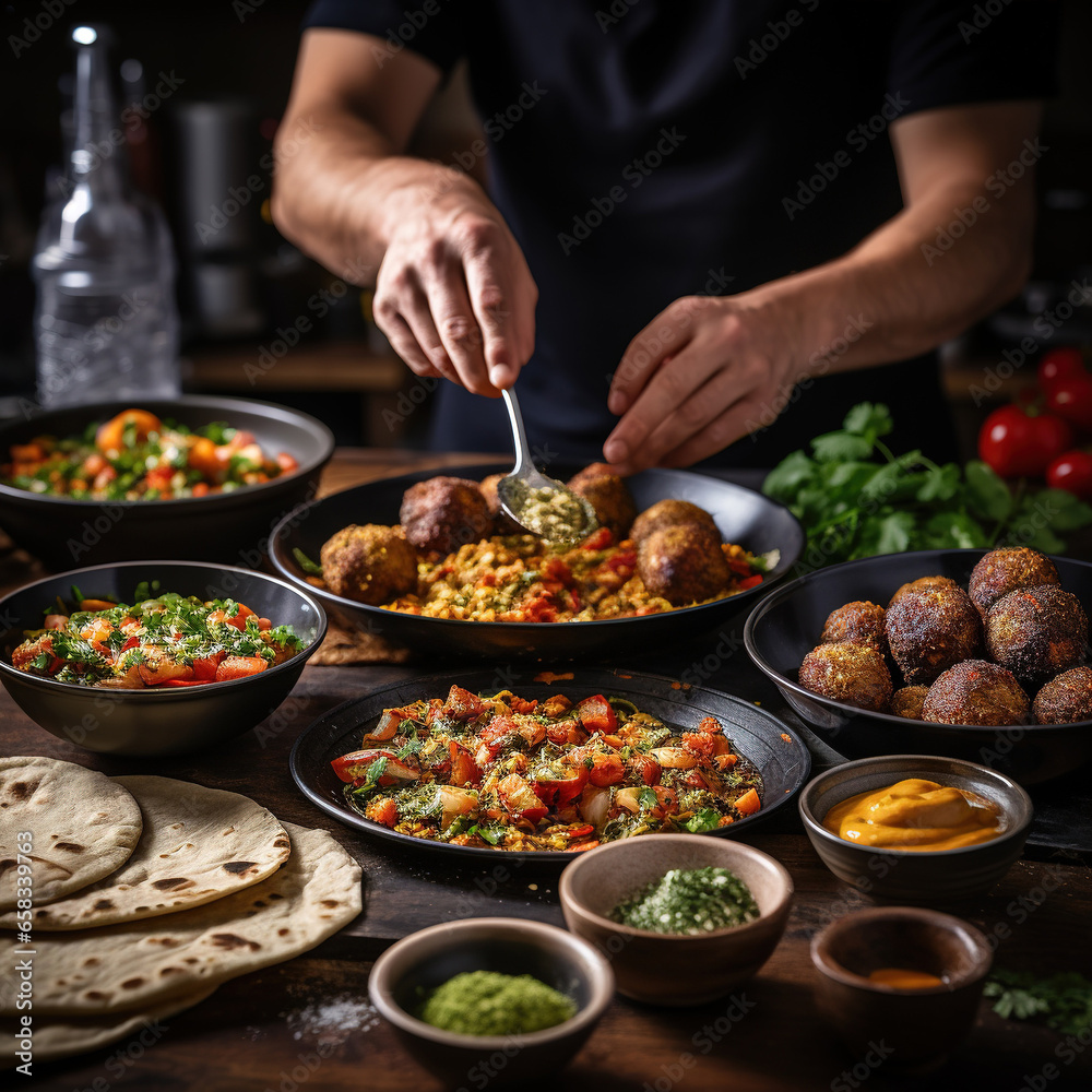 Falafel with vegetables in tortilla wraps.