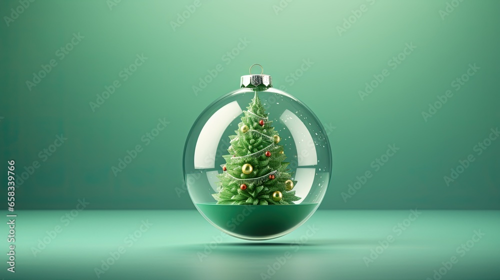  a christmas tree in a glass ball with a green background.  generative ai - obrazy, fototapety, plakaty 