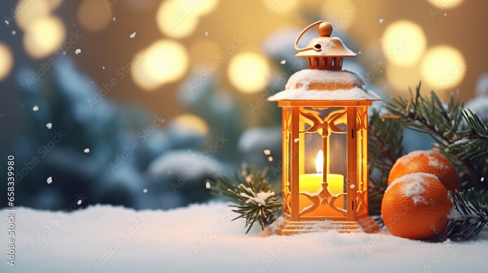  a lantern and two oranges on a snowy surface with christmas lights in the background.  generative ai