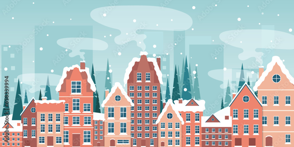 Winter in village holiday template. Winter landscape with cute houses and trees, merry Christmas greeting card template. Vector illustration in flat style	